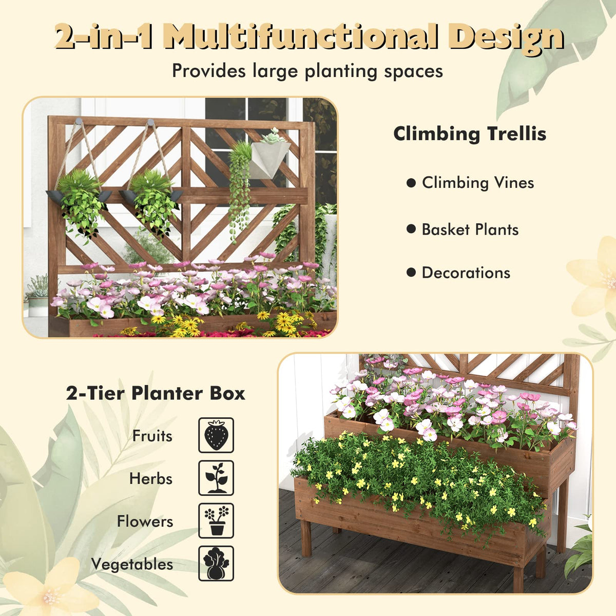 Lucktree Raised Garden Bed with Trellis, 2-Tier Wooden Planter Box with Legs and Drain Holes (Brown)