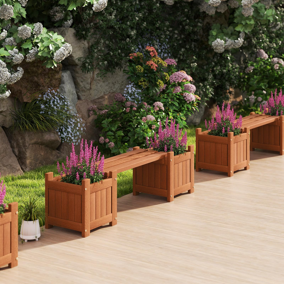 Lucktree 2-in-1 Outdoor Bench with 2/4 Planter Boxes Wood with Teak Oil Finish 42"x11"x11.5"