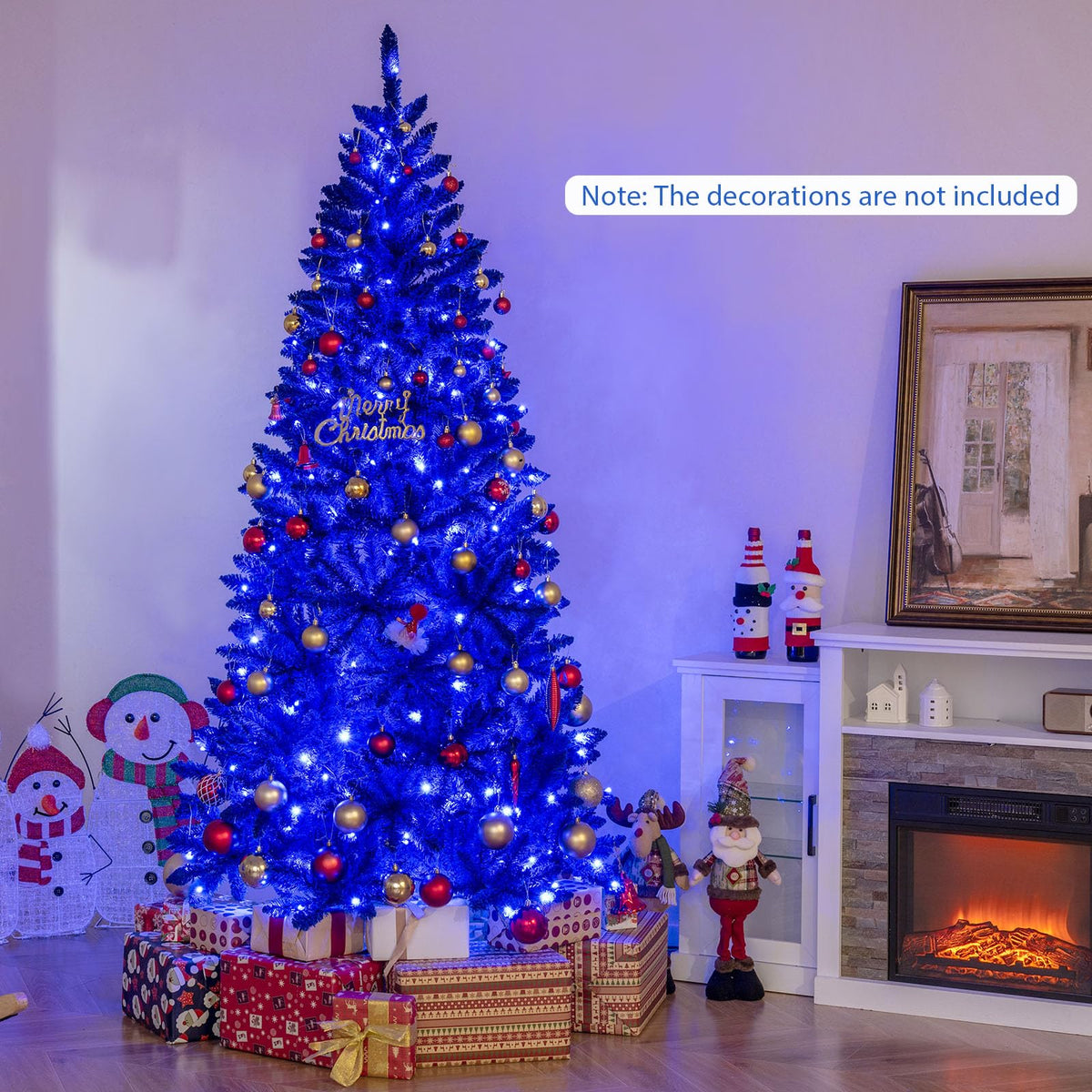 Lucktree 7 FT Pre-Lit Royal Blue Snow Flocked Christmas Tree with 340 LED Lights
