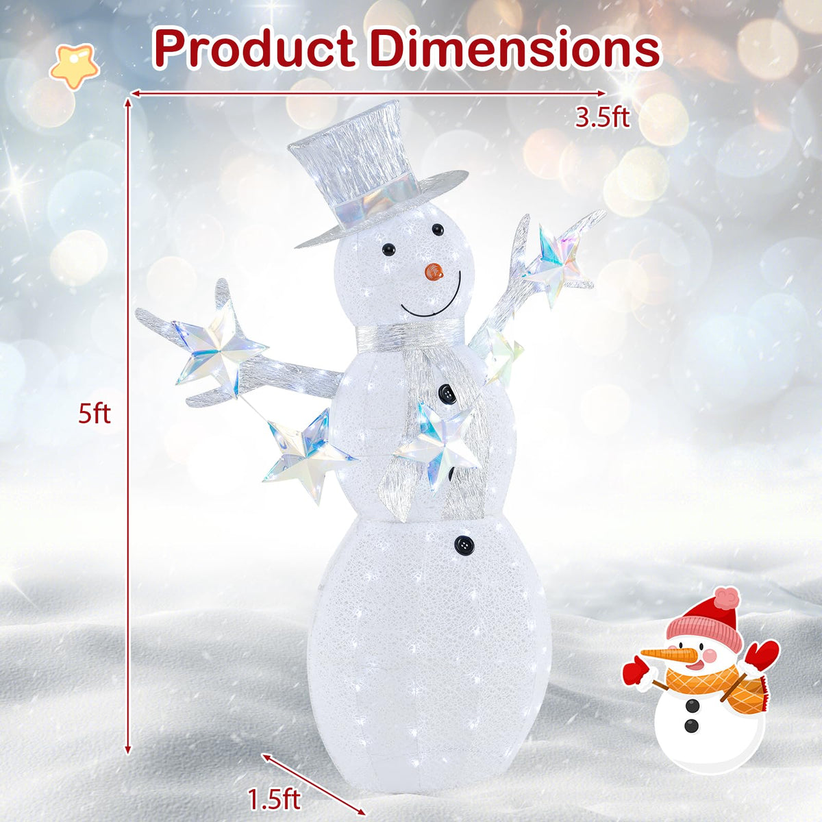 Lucktree 5 FT Lighted Snowman Christmas Outdoor Decoration with Hat, Scarf & Stars
