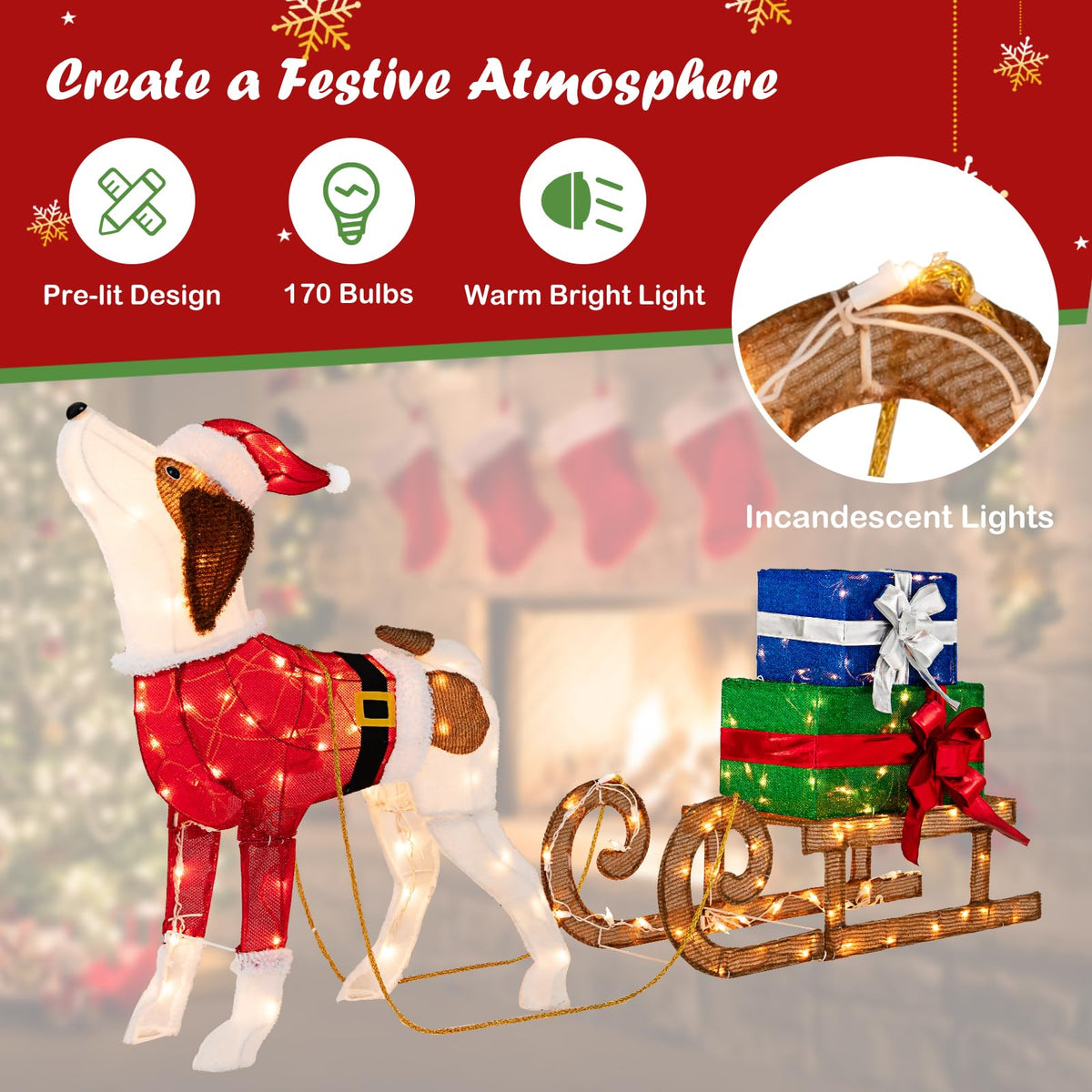 Lucktree Lighted Christmas Dog with Sleigh & Gift Boxes Combo Decorations