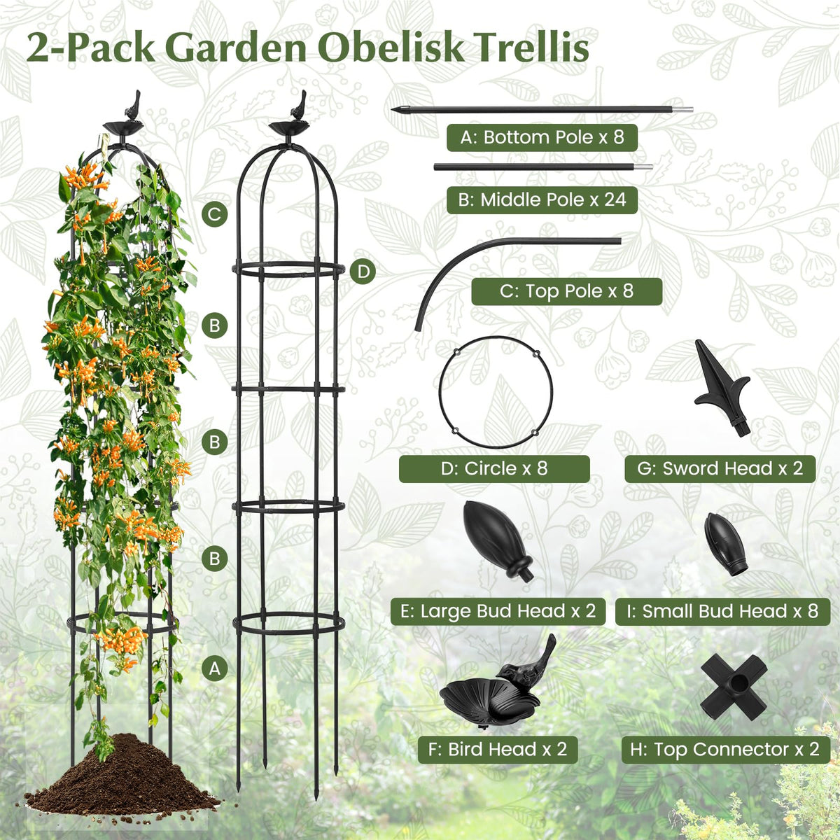 Lucktree 2-Pack Tomato Cages, 69” PE-Coated Metal Garden Obelisk Trellis for Climbing Plants