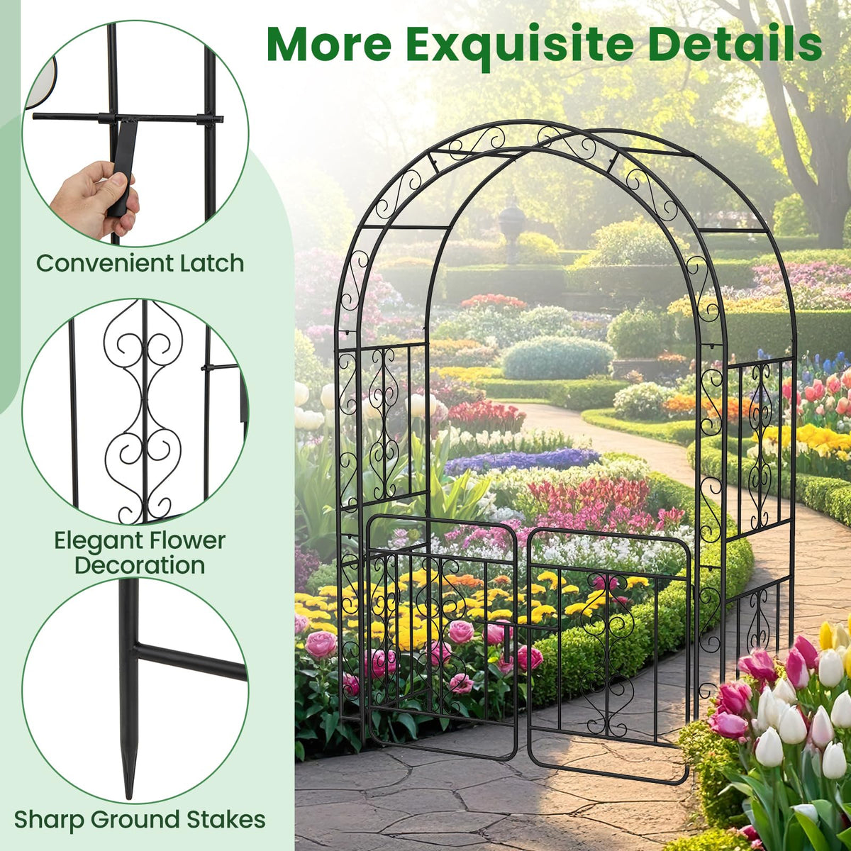 Lucktree Garden Arbor with Gate, 84" H x 54" W Metal Arch Trellis for Climbing Plants Rose Vines