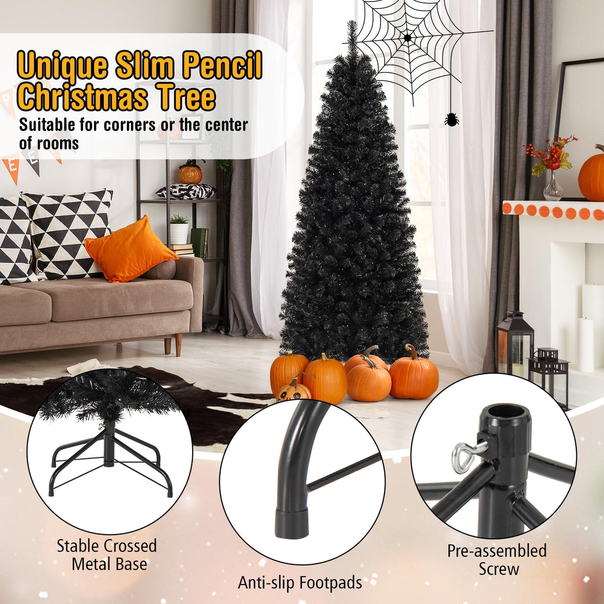 Lucktree Black Pencil Christmas Tree, Pre-lit Artificial Halloween Tree