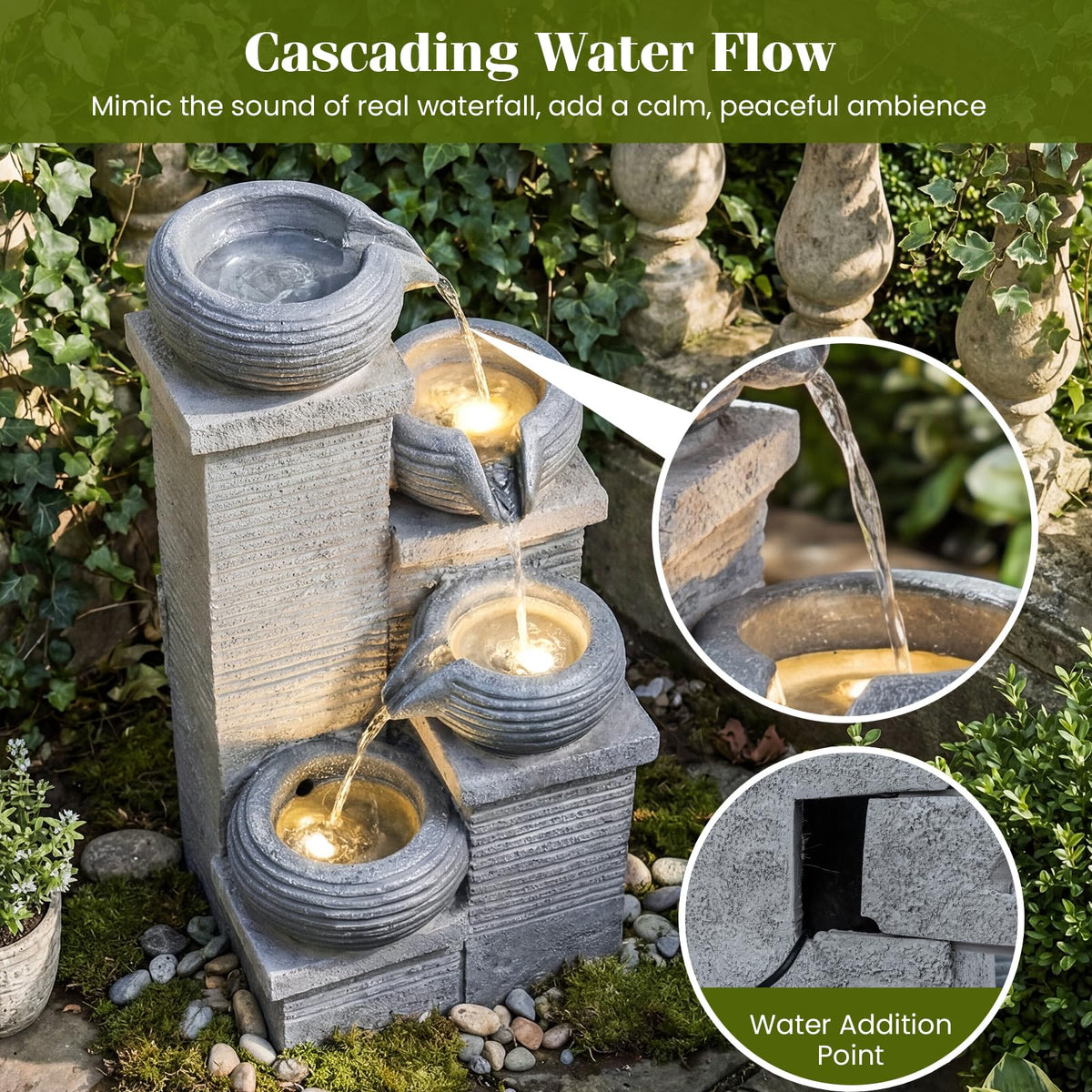 Lucktree 4-Tier Water Fountain Outdoor with Warm LED Lights & Pump