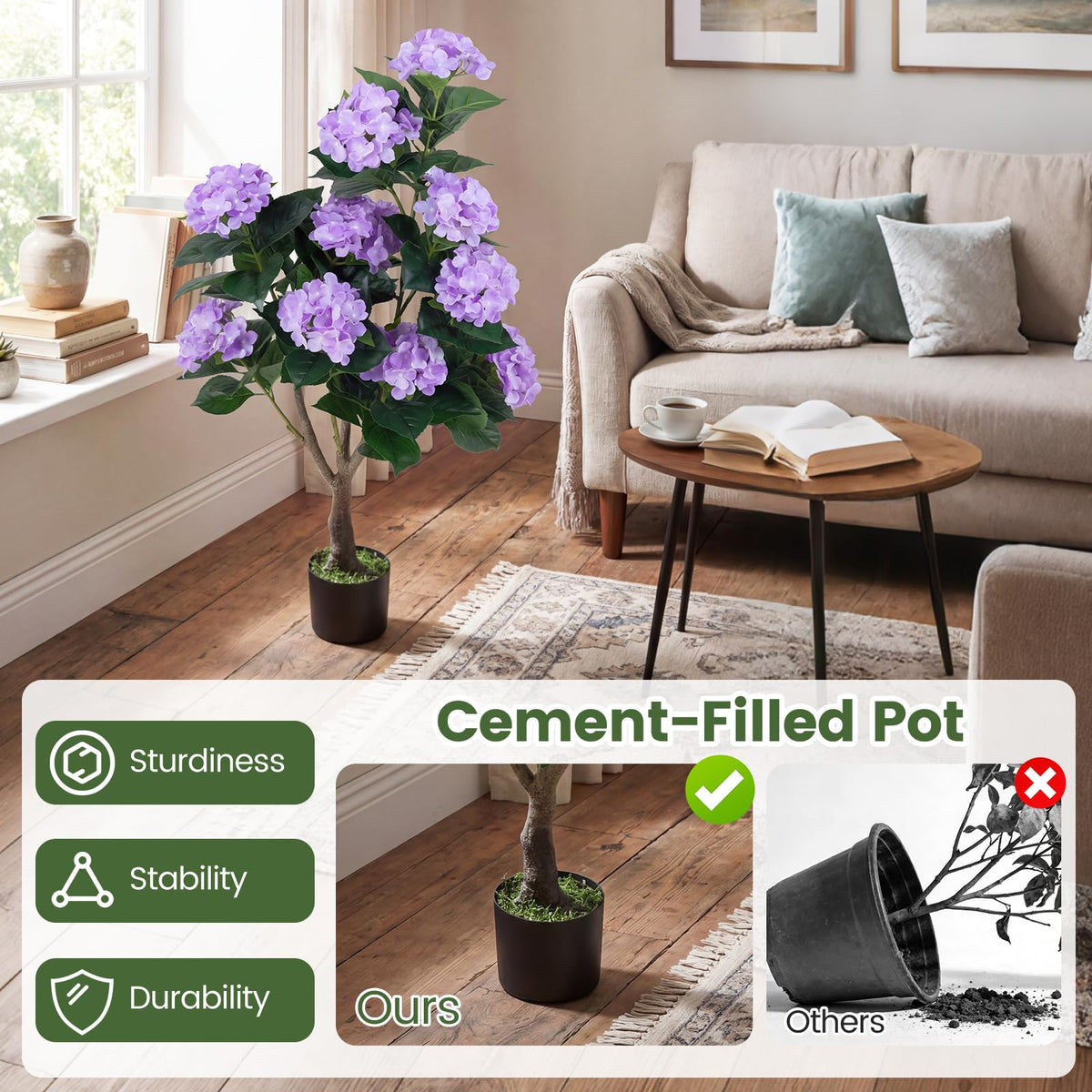 Lucktree 2 Pack Artificial Hydrangea Tree w/11 Flowers & Realistic Trunk in Plastic Nursery Pot