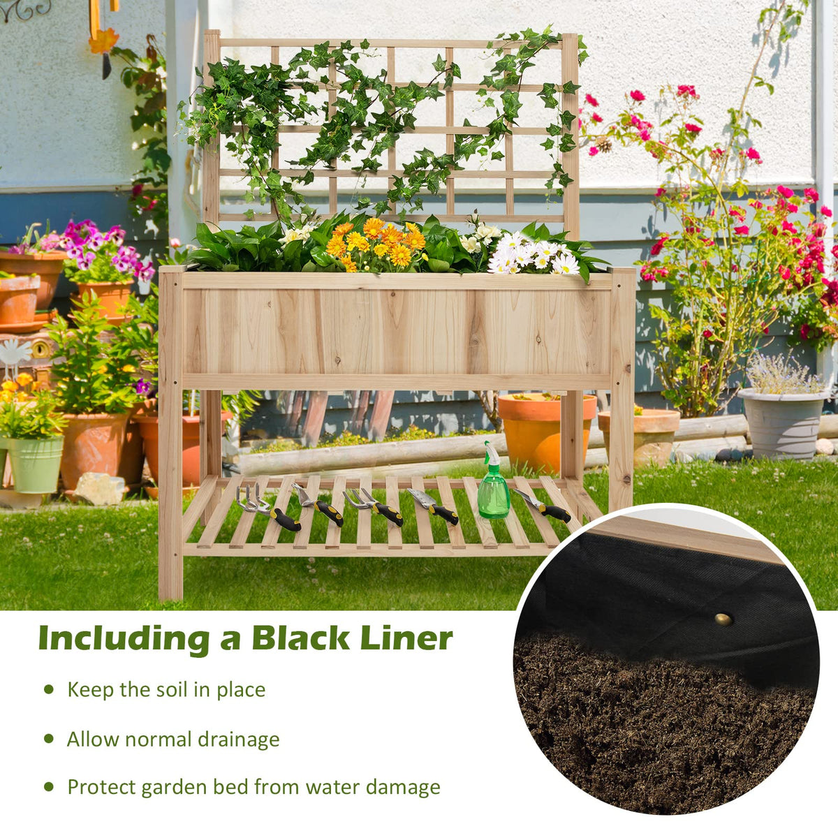 Lucktree Wood Planter with Trellis, Standing Raised Garden Bed