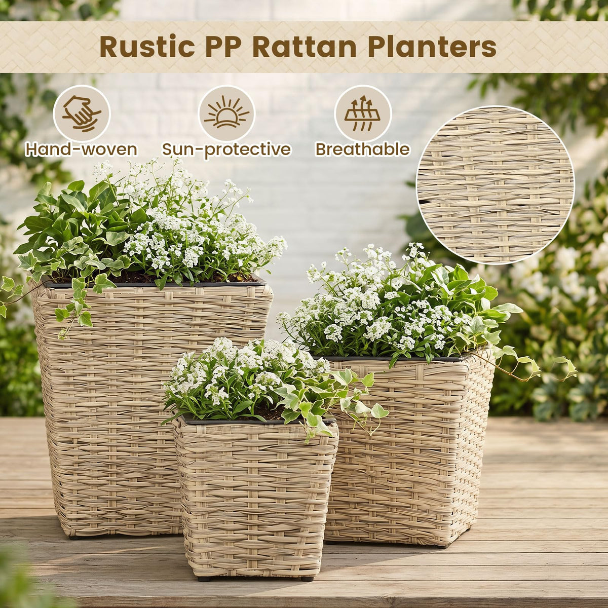Lucktree 3-Piece Rattan Planter Box Kit with Removable Plastic Liners