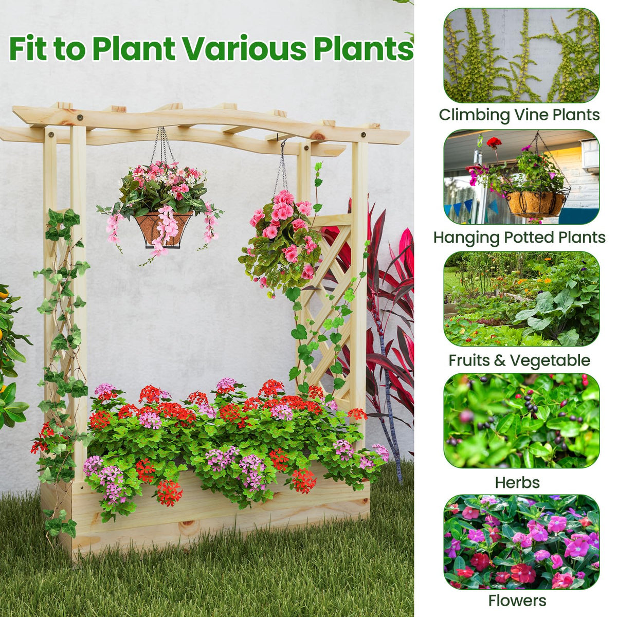 Lucktree Raised Garden Bed with Sided Trellis & Hanging Roof, Wood Planter Box, 44”x14”x45” (L x W x H)