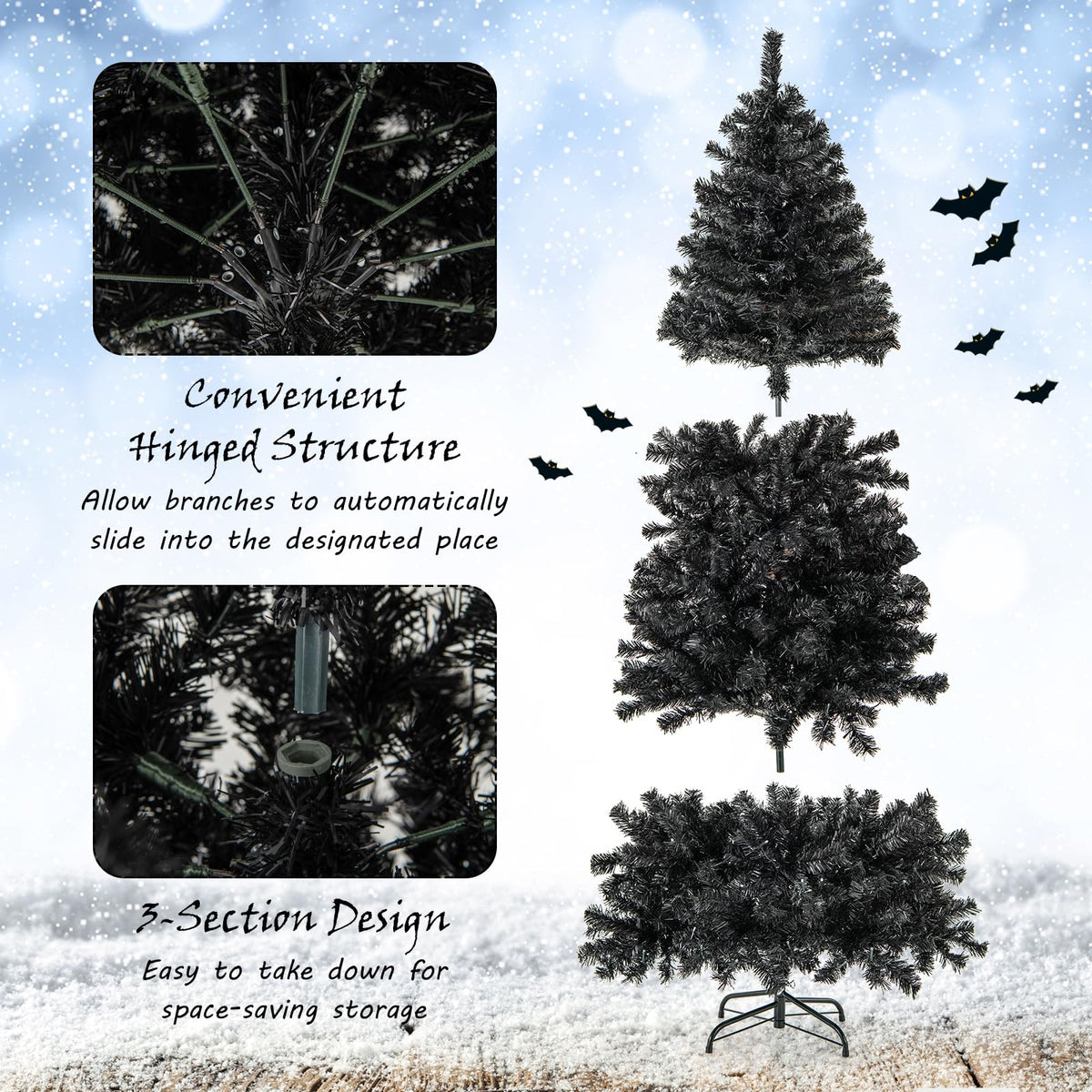 Lucktree 7 FT Artificial Halloween Tree, Pre-Lit Black Christmas Tree with Bendable Top Section