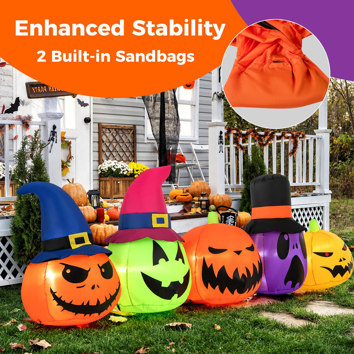 Lucktree 9 FT Inflatable Halloween Pumpkin Patch Family, Blow up Yard Decoration with Built-in LED Lights and Witch Hats