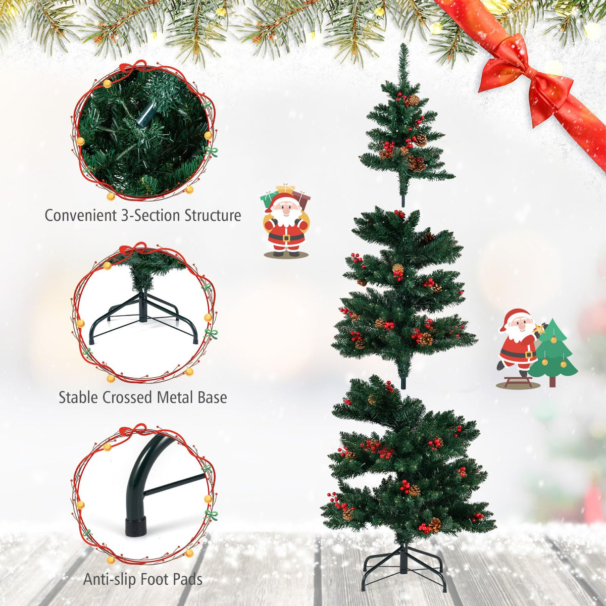 Lucktree 6FT / 7FT Pre-Lit Spiral Christmas Tree with Branch Tips Pine Cones Red Berries