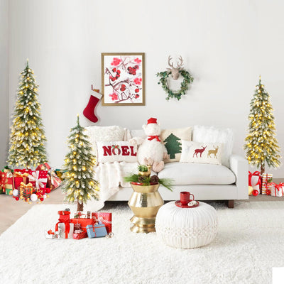 Lucktree 3' 4' 5' Pre-Lit Artificial Christmas Tree Set, Slim Pencil Xmas Trees with Snowy Leaves
