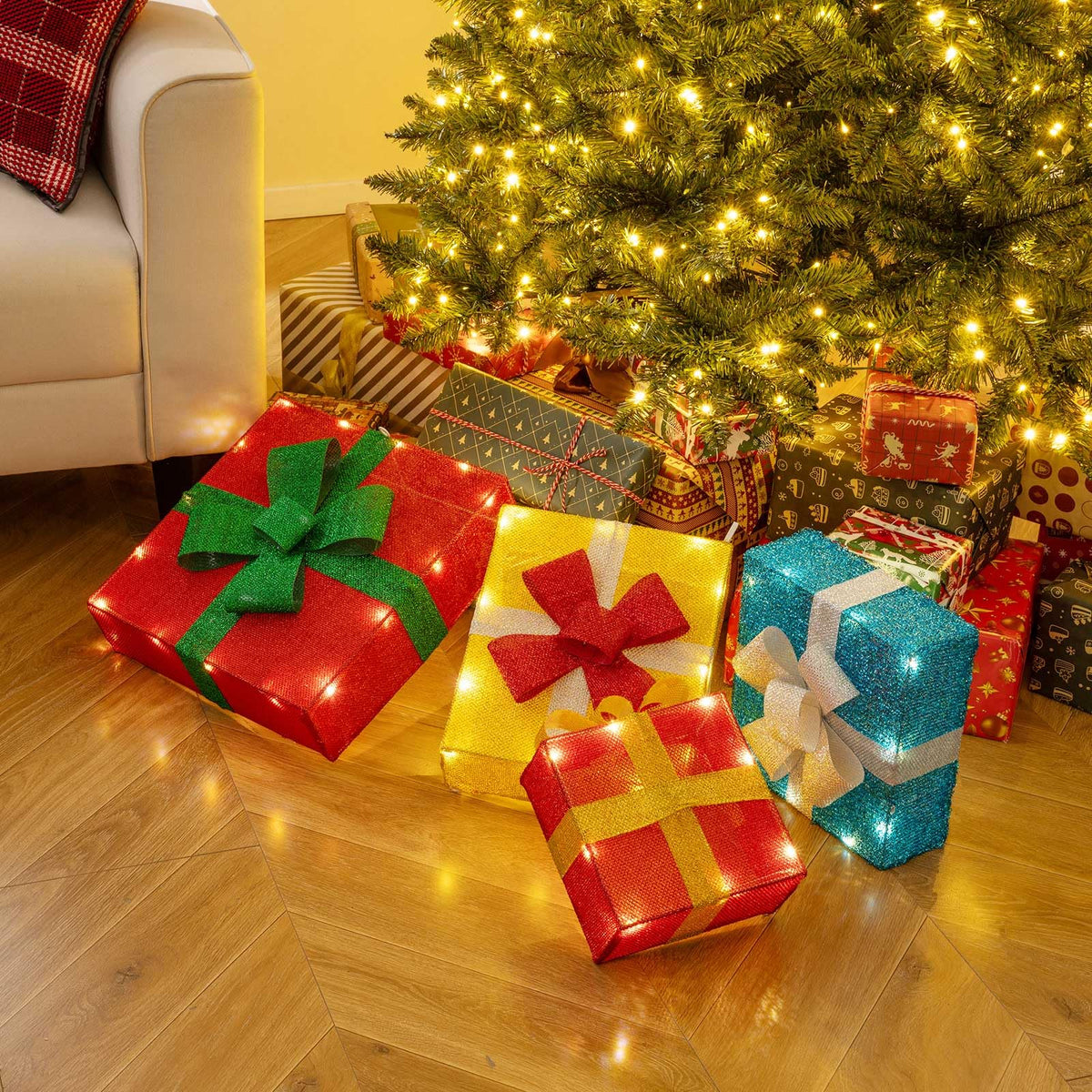 Lucktree 4 Ft Lighted Gift Boxes Stackable, Pre-lit Xmas Boxes Decoration w/LED Lights