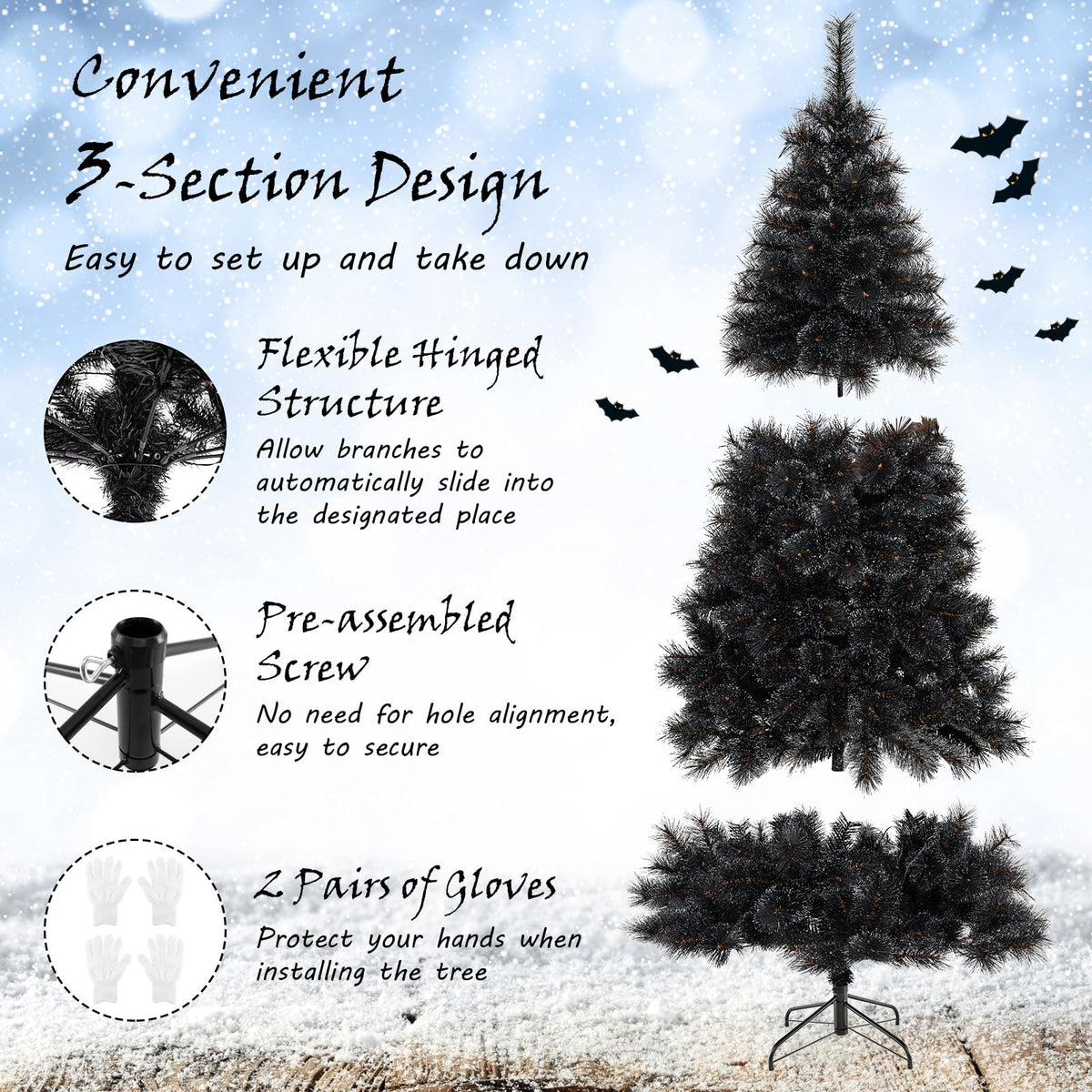 Lucktree 6/7/8 ft Pre-Lit Black Halloween Christmas Tree, Artificial Hinged Xmas Full Tree with 362/572/860 Pine Needles & PVC Branch Tips