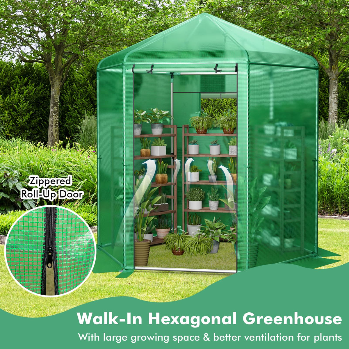 Lucktree 7 x 6 x 7.5 FT Greenhouse, Large Hexagonal Walk in Greenhouse Outdoor with Heavy-Duty Metal Frame
