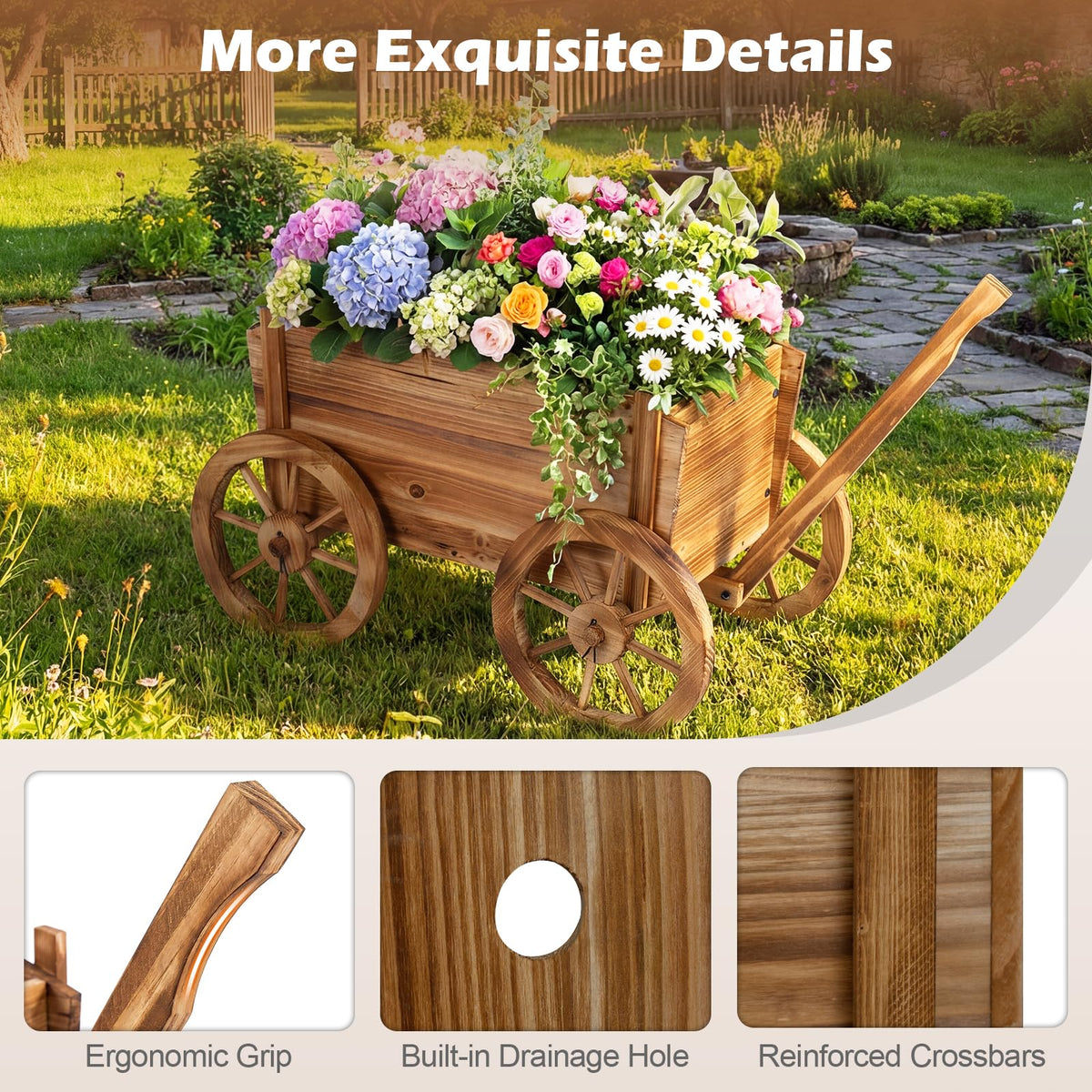 Lucktree Wood Wagon Planter Rustic Rolling Flower Pot Stand
