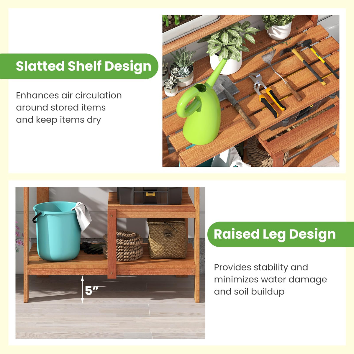Lucktree 4-Tier Potting Bench, Solid Wood Gardening Workstation w/Open Storage Shelves