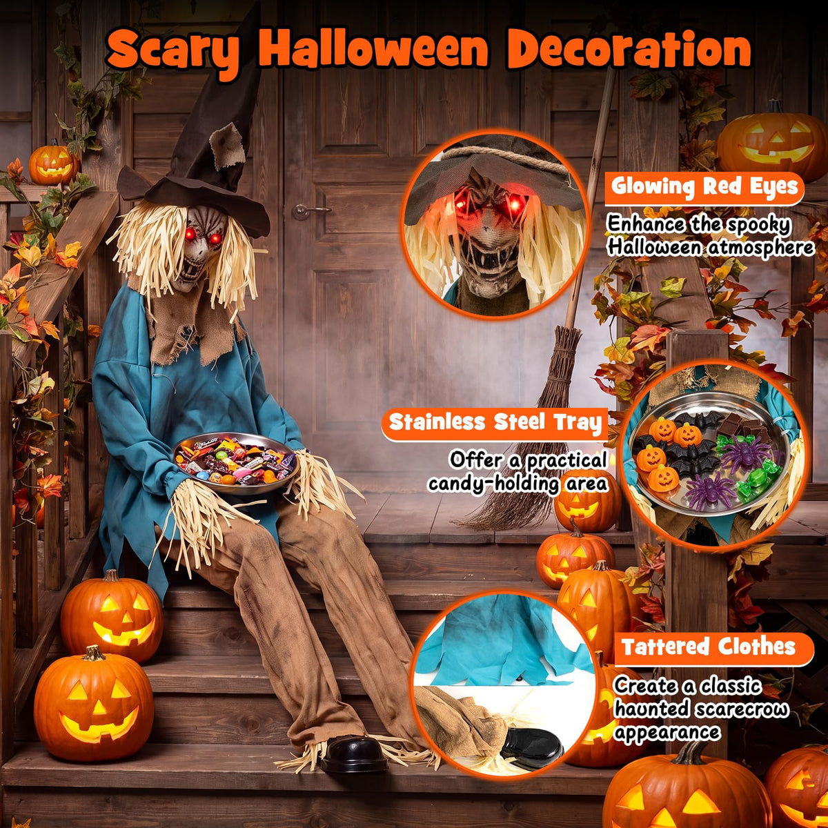 5.2 FT Animated Halloween Sitting Scary Scarecrow Decoration