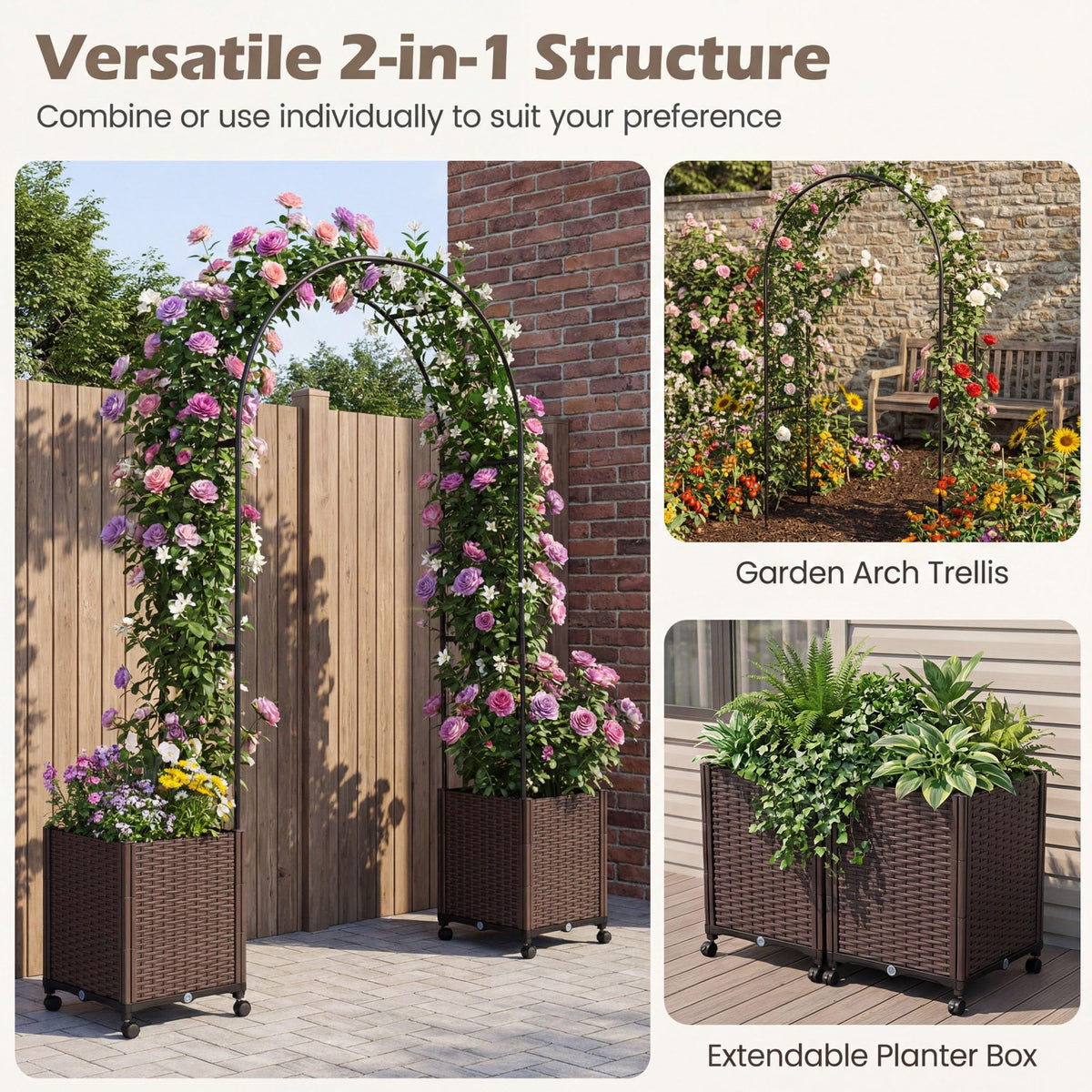 Lucktree Metal Garden Arch Trellis Arbor with 2 Self-Watering Planter Boxes