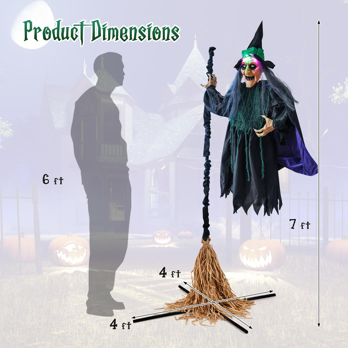 Lucktree Witch with Broomstick Halloween Animatronic, Life Size Animated Halloween Prop with Laughing and Screaming Sound