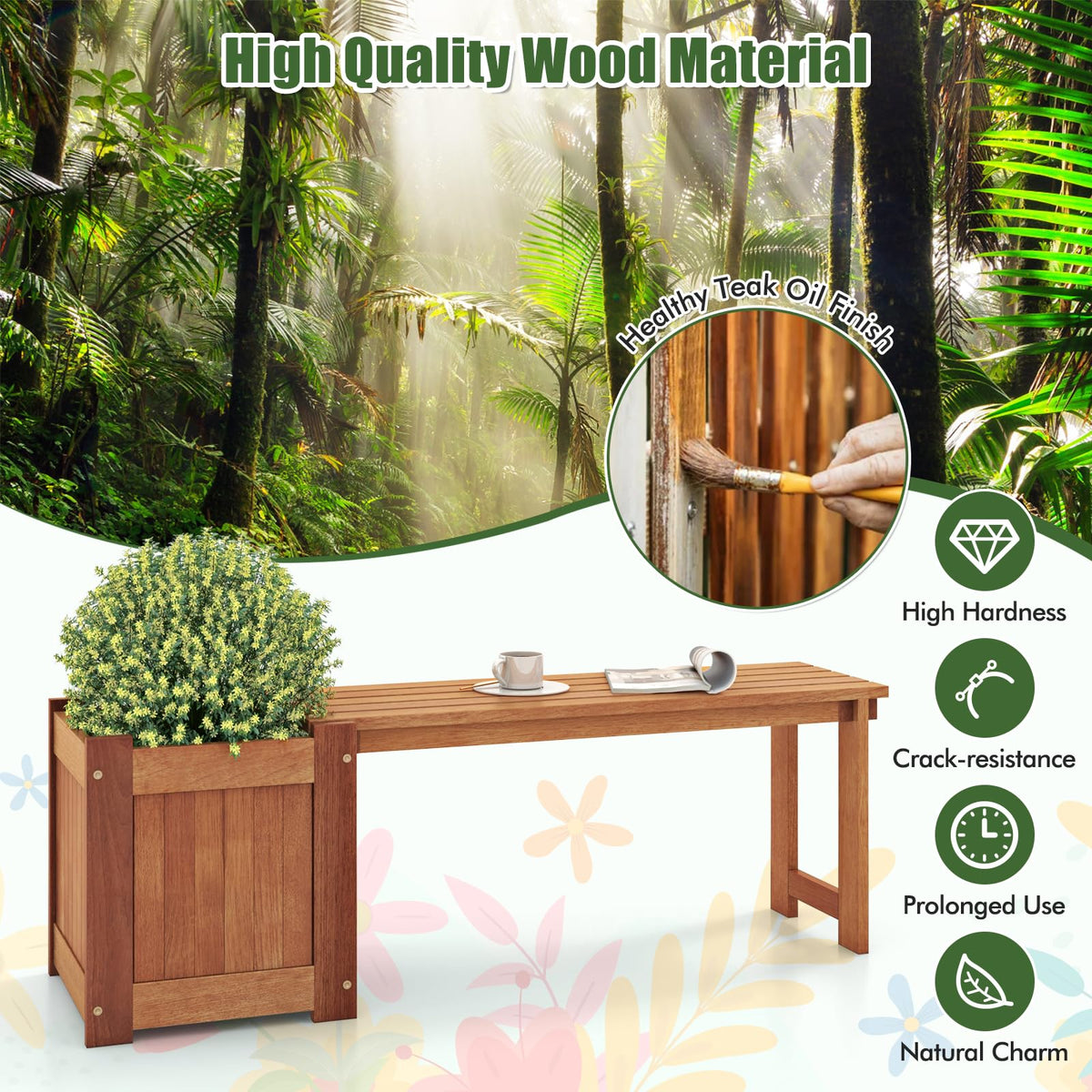 Lucktree Outdoor Bench with Raised Garden Bed, Wood Seat with Teak Oil Finish, Planter Box with Open-Ended Base