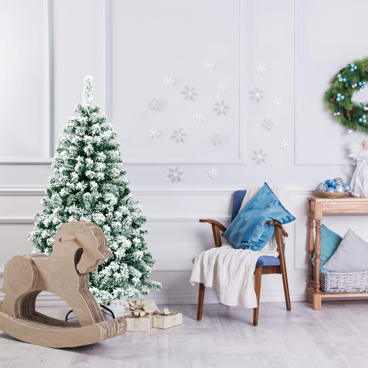 Lucktree 4.5ft / 6 ft / 7.5ft Artificial Snow Flocked Christmas Tree, Pre-Lit Snowy Hinged Xmas Tree with Led Lights and Metal Stand - LucktreeUS