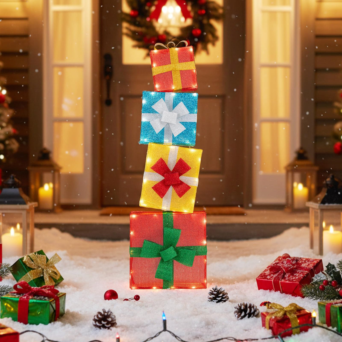 Lucktree 4 Ft Lighted Gift Boxes Stackable, Pre-lit Xmas Boxes Decoration w/LED Lights