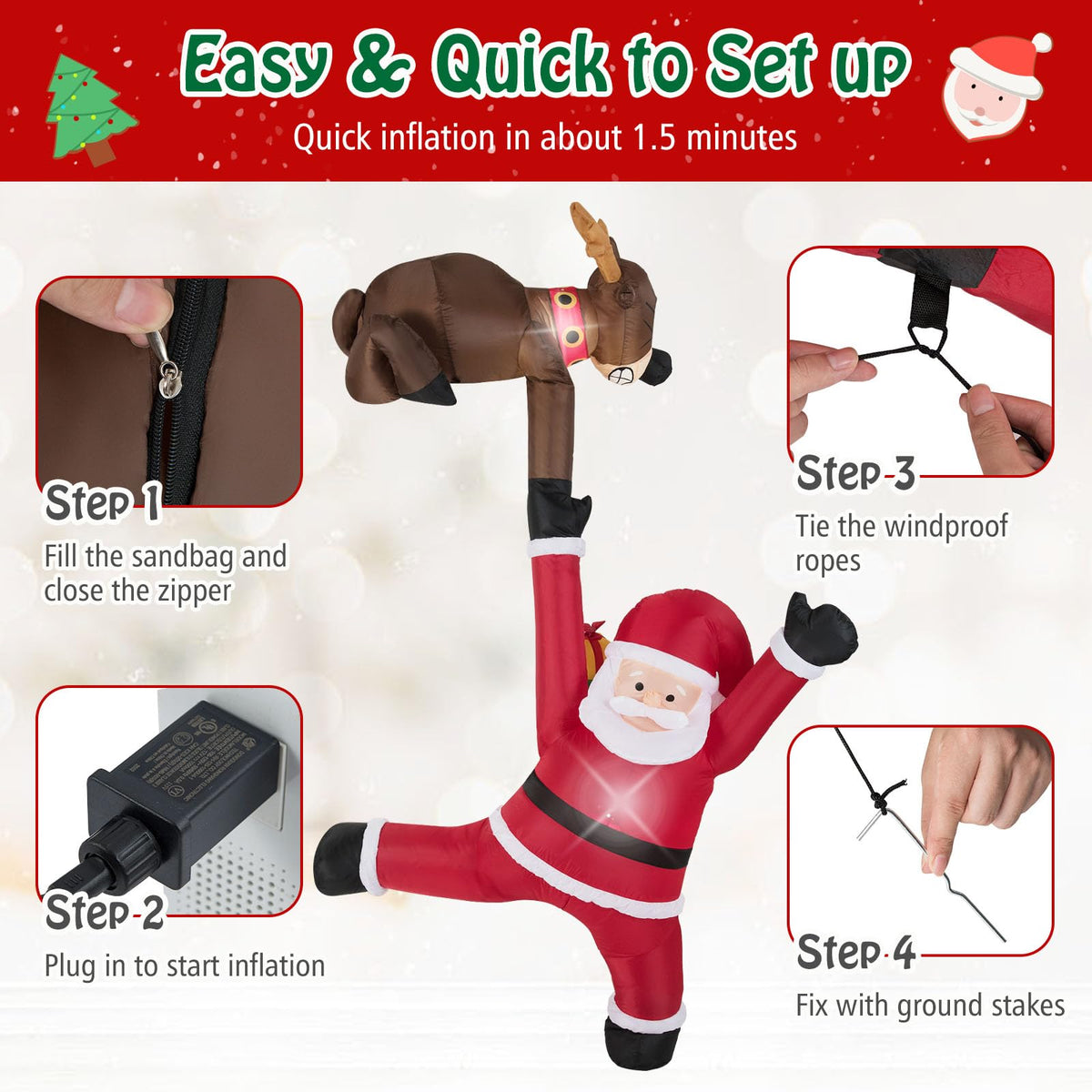 Lucktree 8.5 FT Christmas Inflatable Reindeer & Climbing Santa Claus
