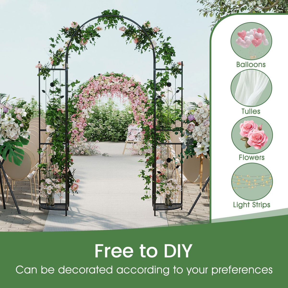 Lucktree 87'' Metal Garden Arbor with Lockable Gate and Planter Shelves