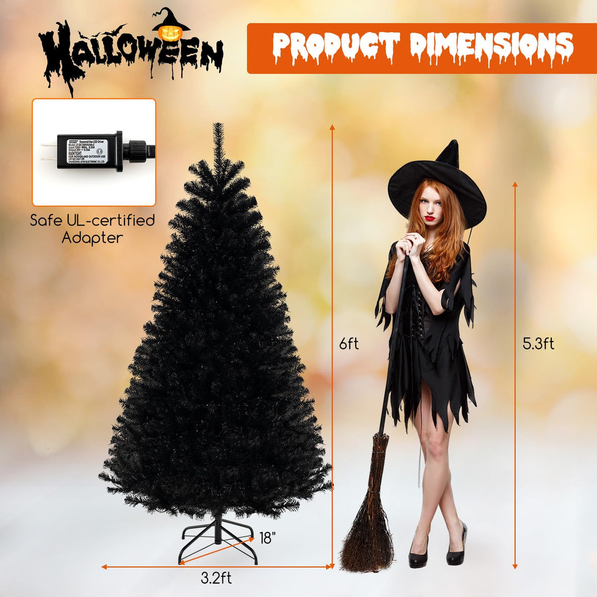 Lucktree 6/7/8 FT Pre-Lit Black Halloween Tree, Artificial Hinged Christmas Tree with 280/380/500 Orange & Purple LED Lights