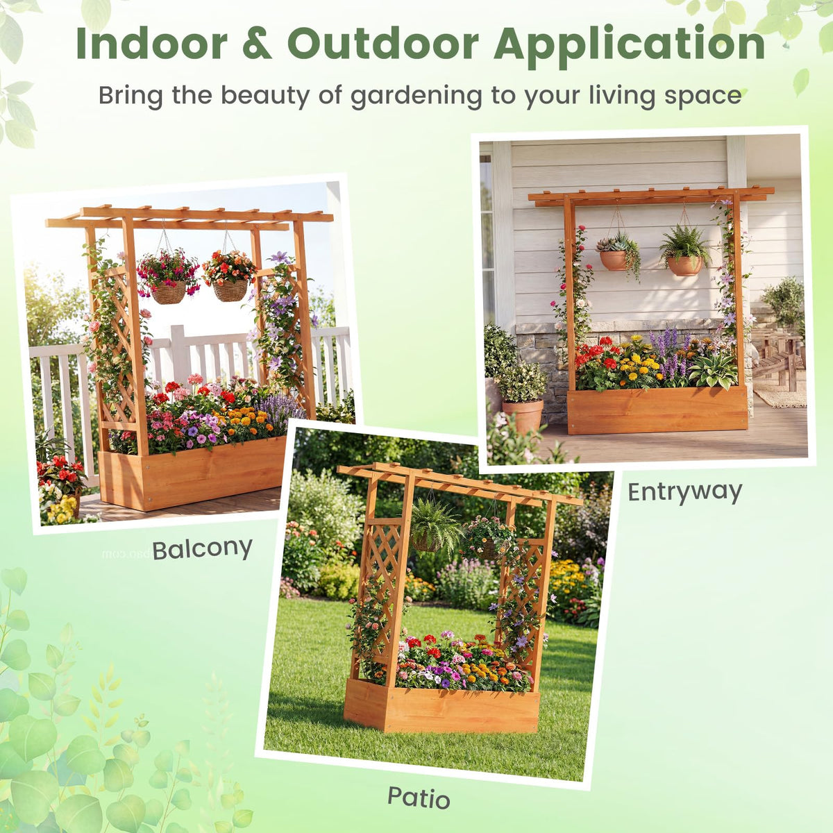 Lucktree Wooden Raised Garden Bed with Trellis & Hanging Roof