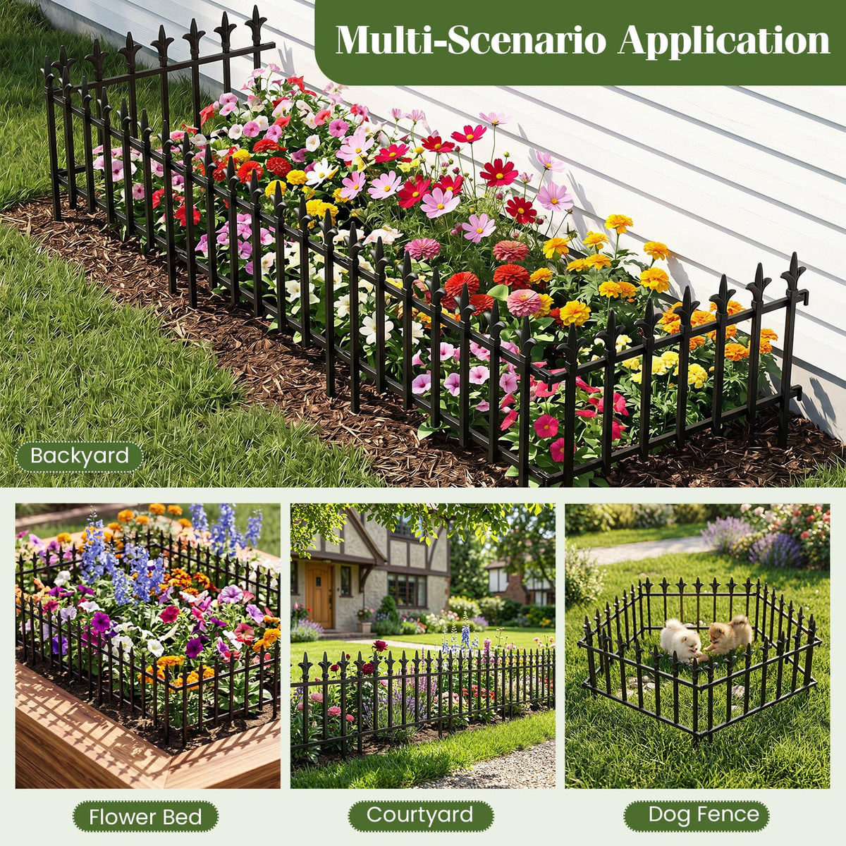 Lucktree No Dig Decorative Metal Garden Fence with Fleur-de-Lis Finials