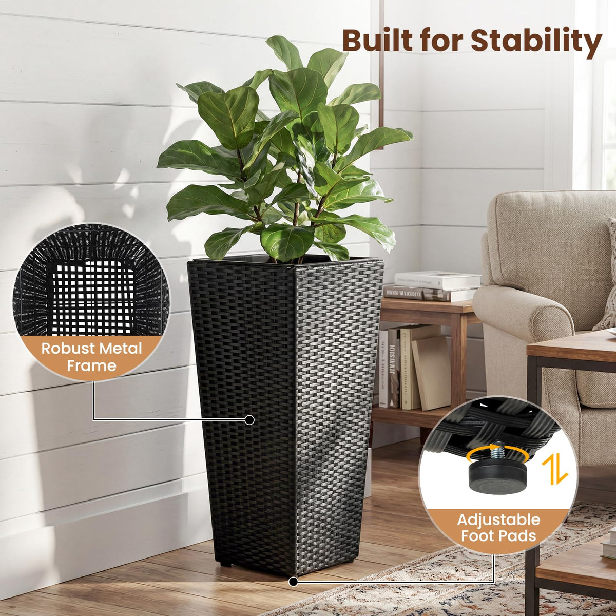 Lucktree Set of 2 Rattan Tall Plant Pots with Detachable Plastic Liners