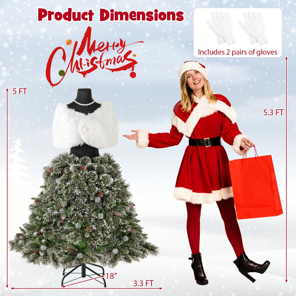 Lucktree 5ft Pre-Lit Dress Form Christmas Tree with Female Mannequin Torso Shawl Necklace