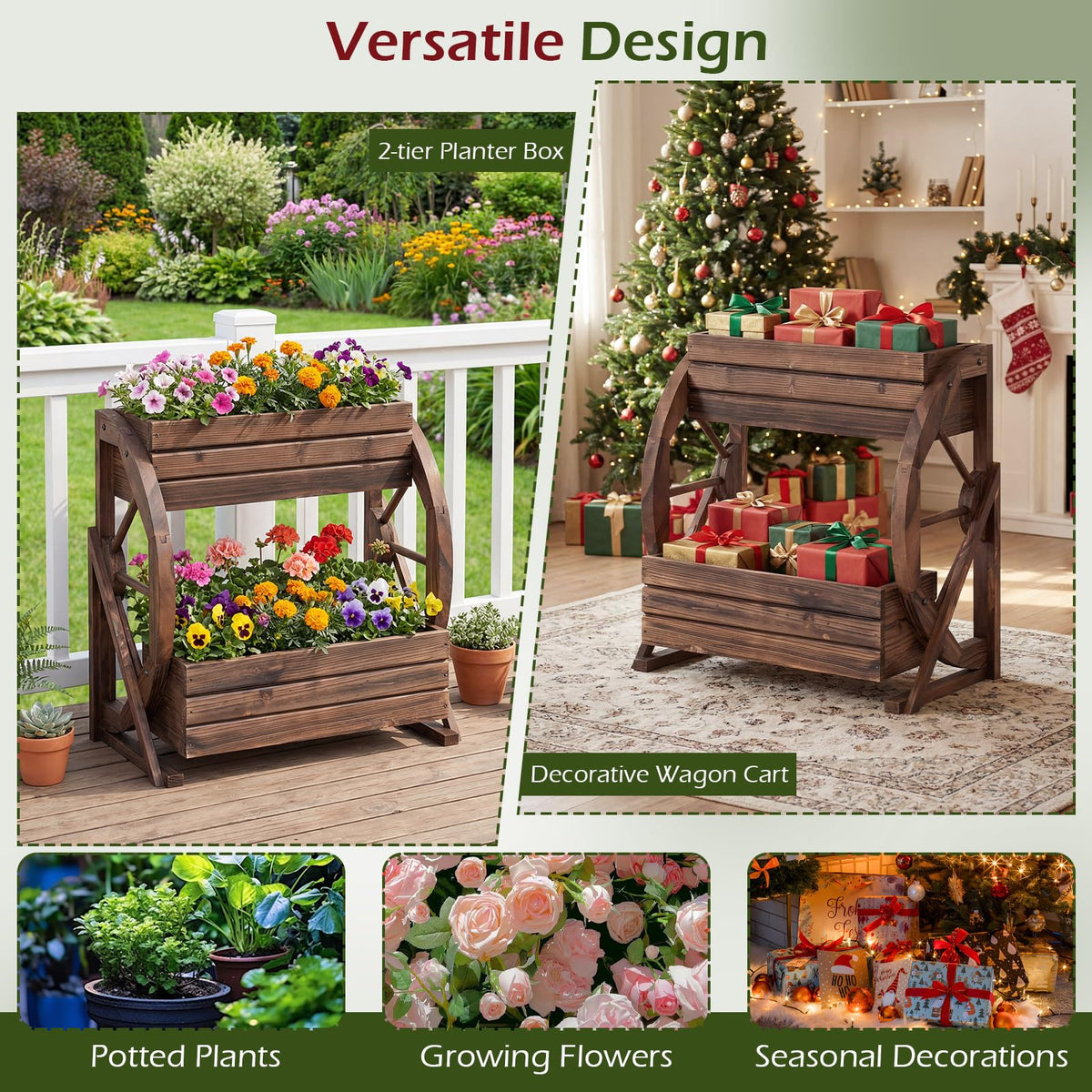 Lucktree Wooden Wagon Planter Box for Patio Garden Balcony