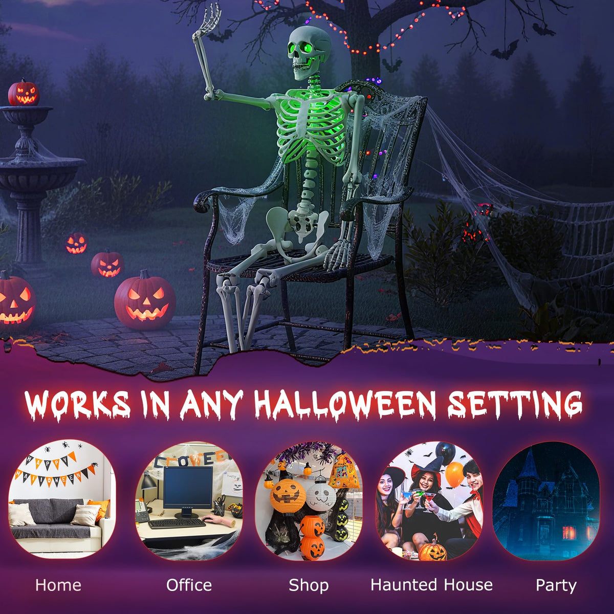 Lucktree 63" Life-Size Posable Skeleton with Green LED Lights Halloween Lighted Skeleton Decoration