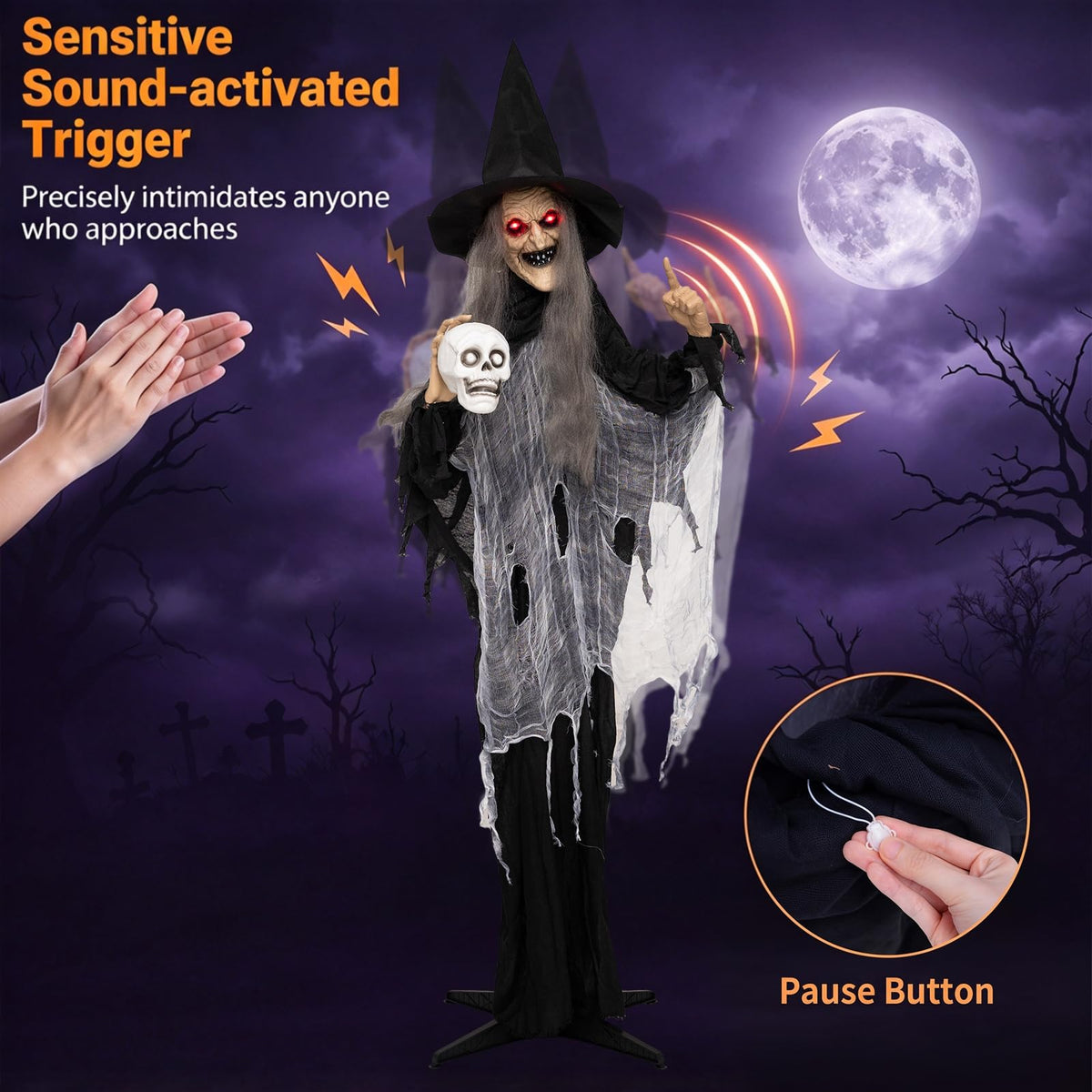 Lucktree 6.3 FT Animated Halloween Standing Talking Witch with Skull