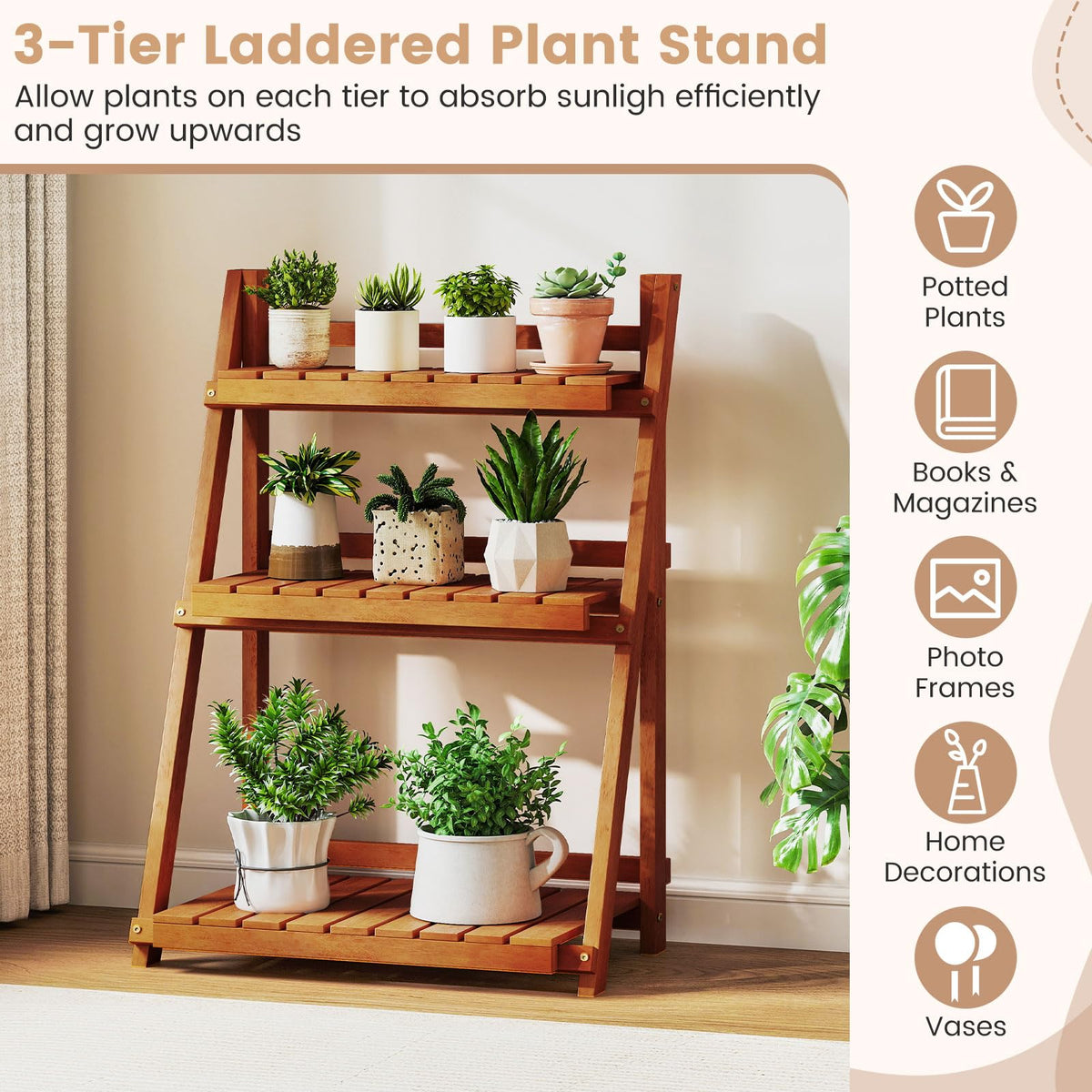 Lucktree Foldable Ladder Plant Shelf 3-Tier Solid Wood Indoor Outdoor Flower Pot Display Rack
