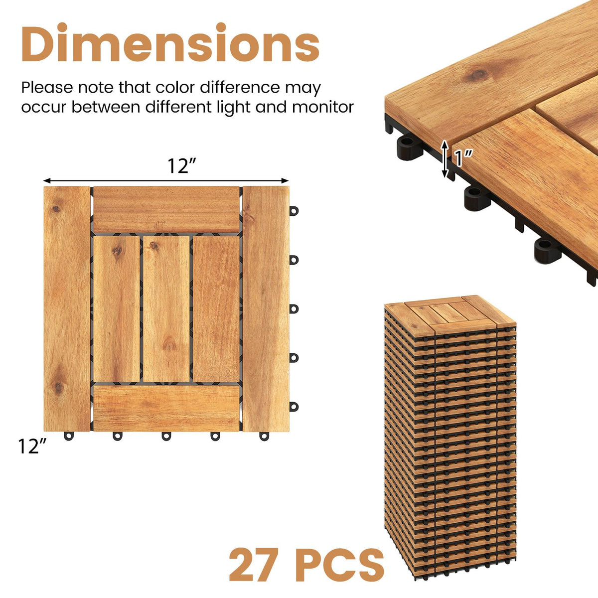 Lucktree 12" x 12" Acacia Wood Interlocking Patio Flooring Tiles with Drainage Base