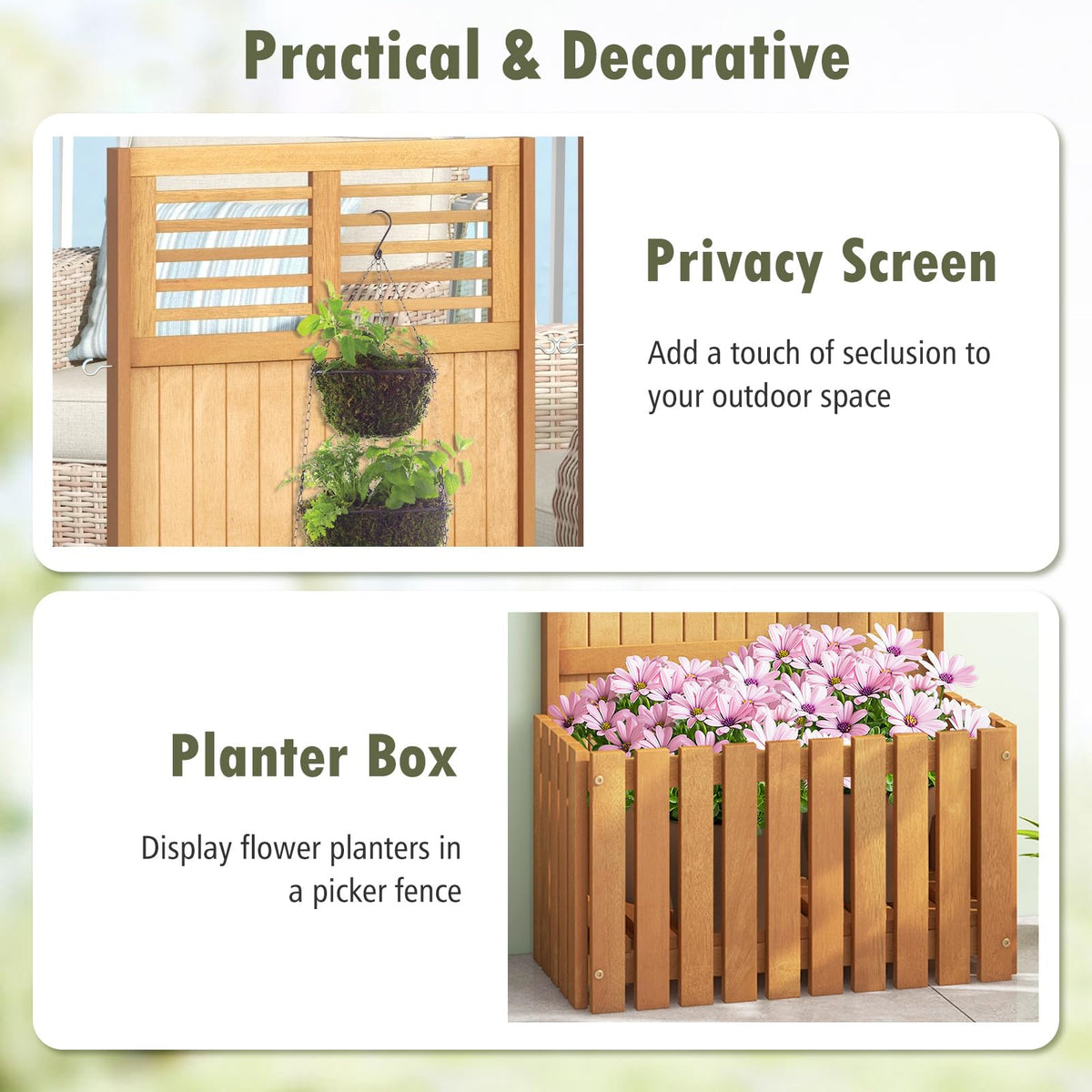 Lucktree Set of 1/2 Raised Garden Bed with Trellis, 41” Wooden Potted Plant Box w/Privacy Screen