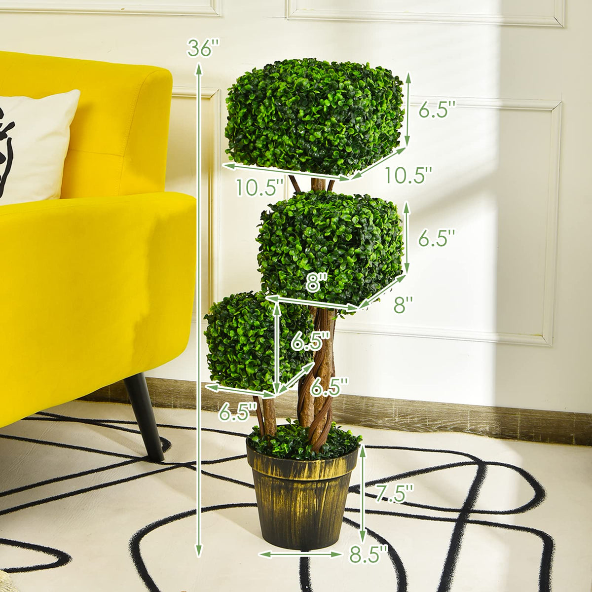 36' Artificial Triple Square Shaped Boxwood Topiary Tree W/ Cement-Filled Plastic Pot - LucktreeUS