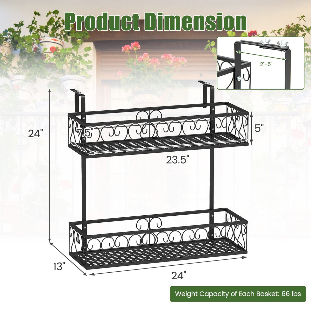 Lucktree Balcoy Flower Pot Stand Rack w/ Adjustable Hooks & 2 Planter Baskets