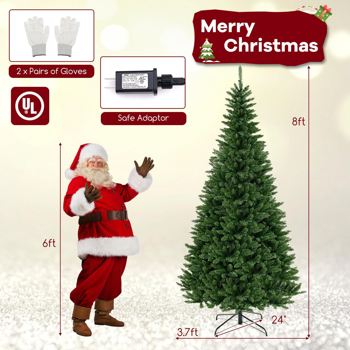 Lucktree 8 FT 270° Pre-Lit Corner Christmas Tree for Wall, Artificial Hinged Xmas Tree with 360 Warm White LED Lights