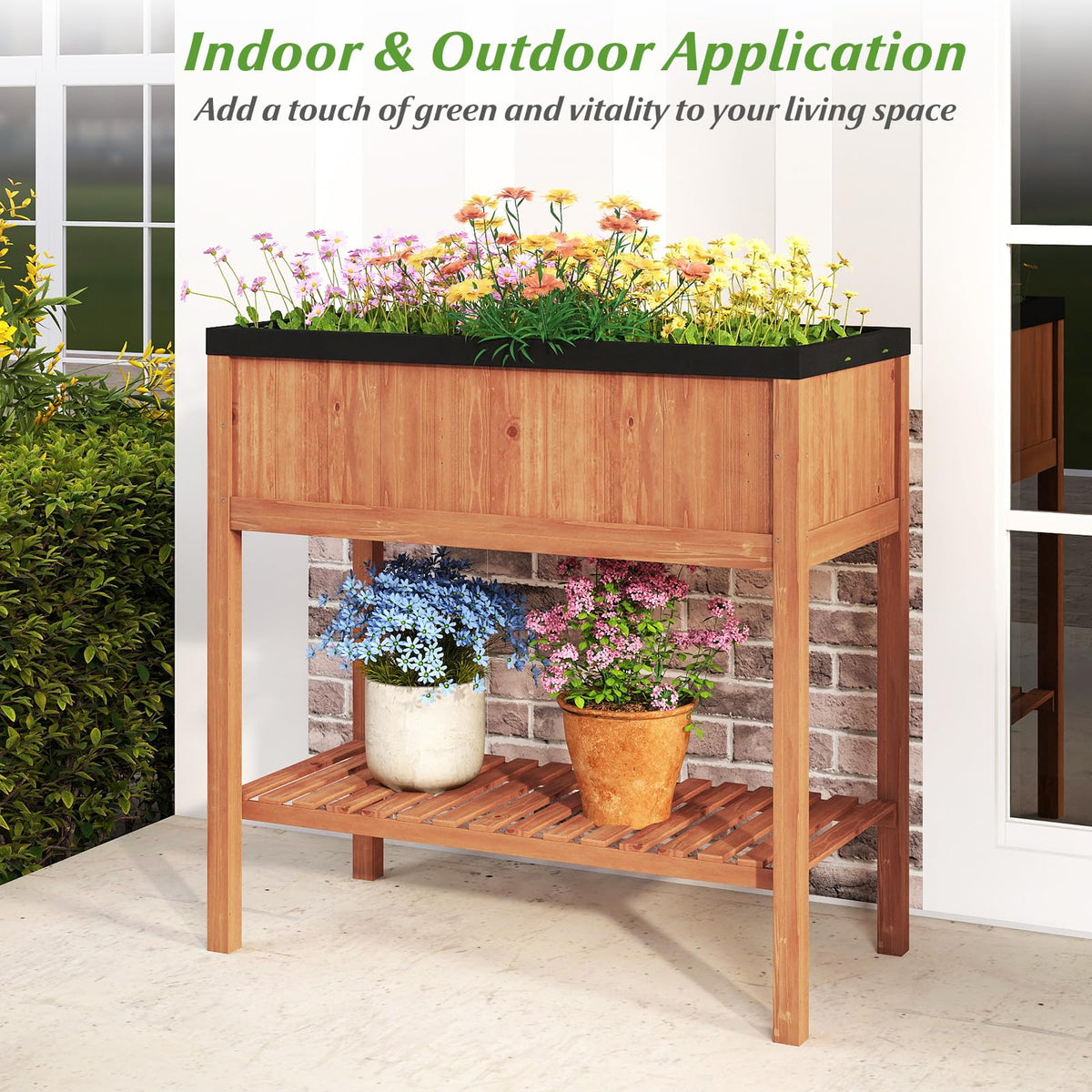 Lucktree 40"x20"x39" Raised Garden Bed Wood Planter Box with Plant Stand & Black Liner