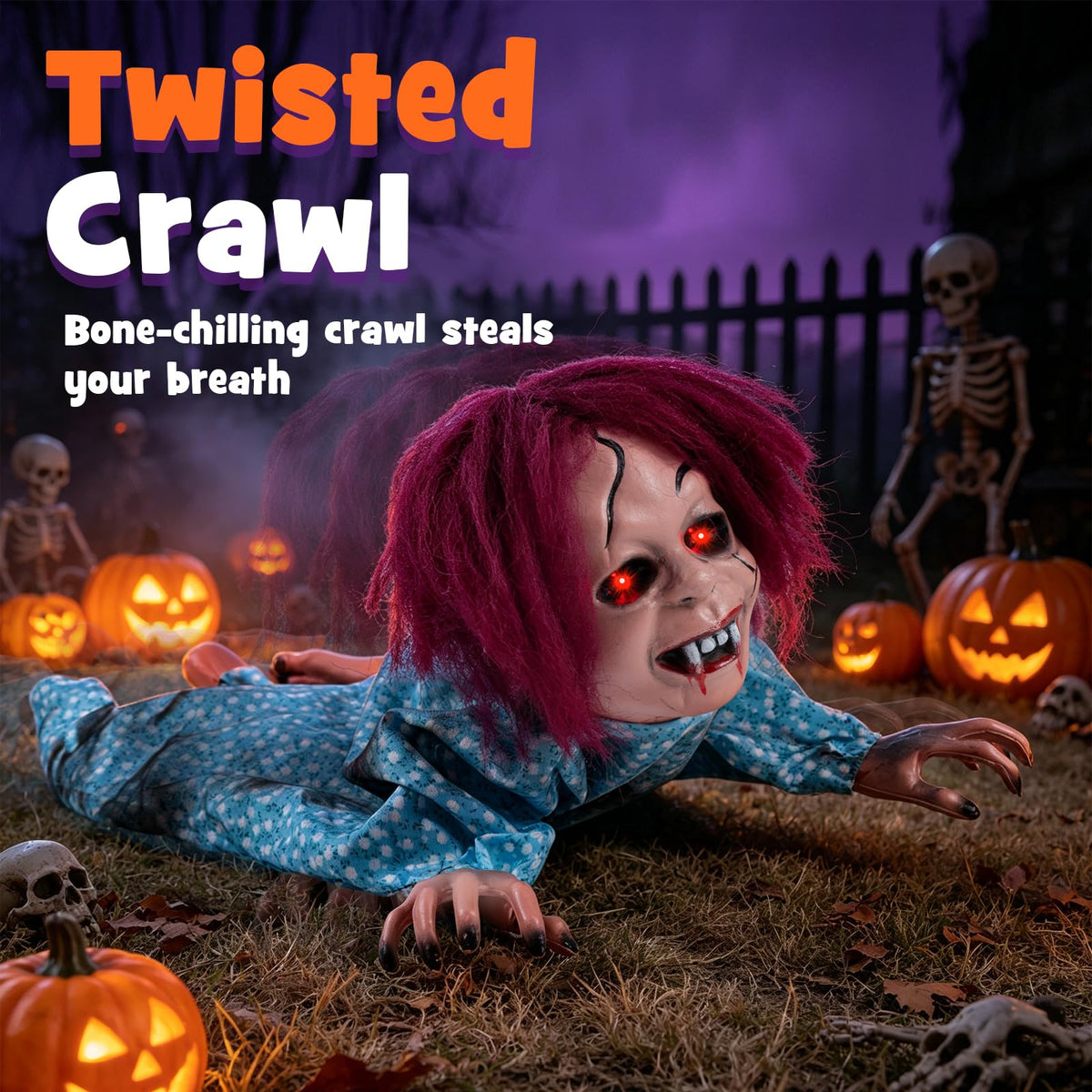 Lucktree 28" Halloween Animated Crawling Baby Doll with Glowing Eyes