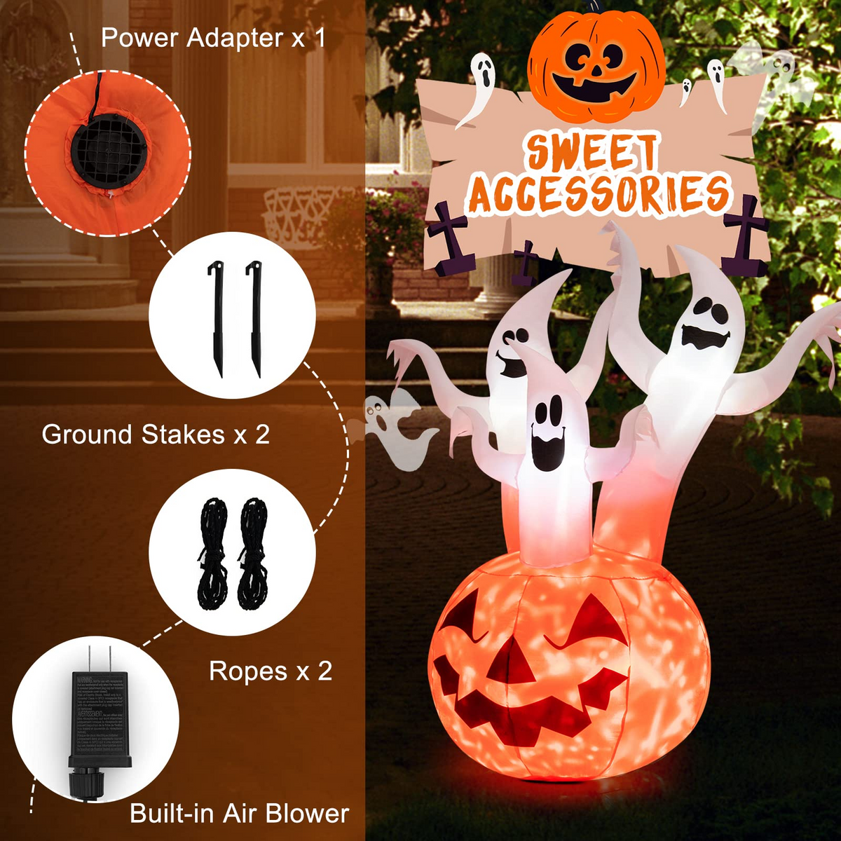 Lucktree 6 FT Inflatable Halloween 3 White Ghosts with Pumpkin, Blow-up Yard Decoration with Built-in LED Lights & Rotating Lamp
