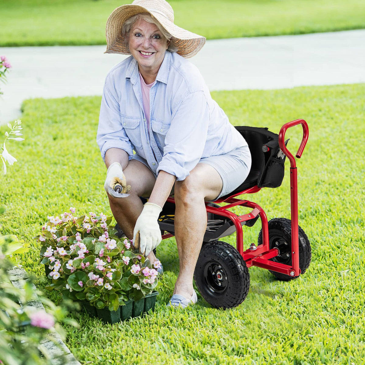 Lucktree Cushioned Rolling Garden Cart Scooter with Storage Basket and Tool Pouch