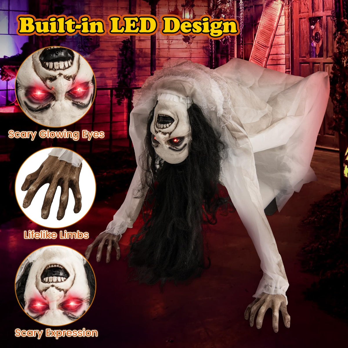 Lucktree Halloween Animated Crawling Woman with LED Eyes, Animatronic Zombie Woman Crawler with Vocally Triggered Sound & Motion Effects