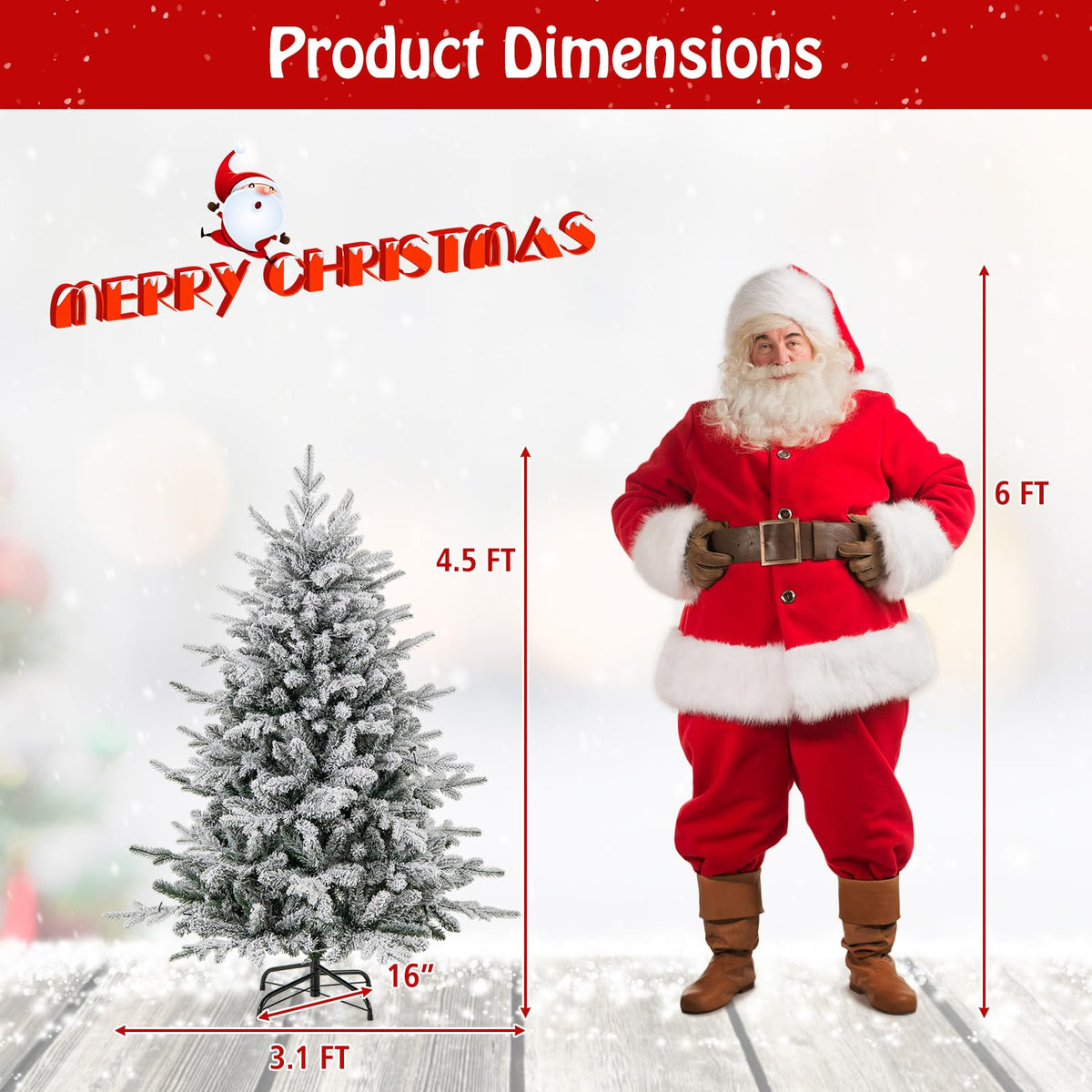 Lucktree 4.5ft Pre-Lit Snow Flocked Christmas Tree, Artificial Hinged Full Xmas Tree with 160 Multicolored LED Lights